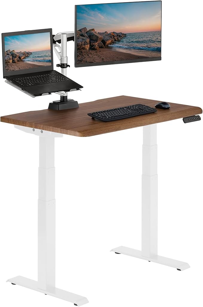 Vari ComfortEdge Electric Height Adjustable Standing Desk - 40x26 Varidesk Sit-Stand Desk for Home Office, Sloped Ergonomic Front Edge, Stable Legs, Easy Assembly, 2 Boxes - Walnut Top/White Legs
