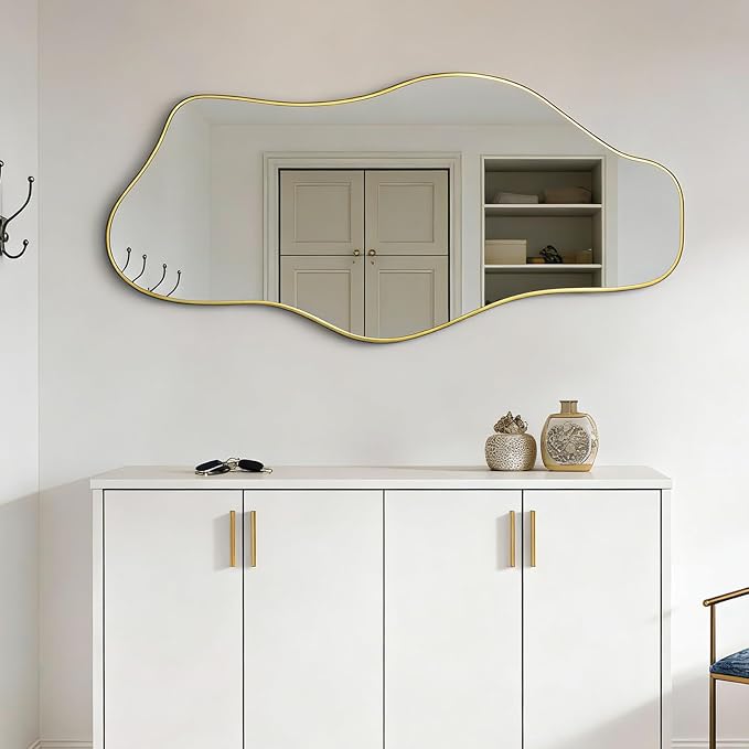 Irregular Wall Mirror, 47.2"x24" Gold Asymmetrical Tempered Glass Mirror, Frameless Organic Shaped Mirrors for Entryway Bedroom Living Room Bathroom, Horizontal or Vertical Hanging