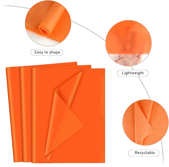 NEBURORA 120 Sheets Orange Tissue Paper - 14 x 20 Inches, Wrapping Tissue Paper Bulk - Orange Wrap Paper Sheets for Gift Bags, Packaging, Floral Filler, Crafts, Birthday, Halloween Decor