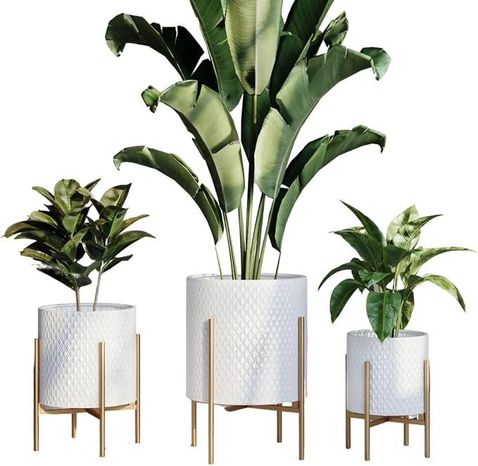 EverNest Claire Mid-Century Modern White Planter with Loki Stand, Indoor Plant Pot, SelectBase, Minimalist Aesthetic, Home Decor for Plants - (Gold Base, Set of 3)