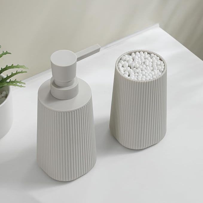 YAUKPH Bathroom Accessories Set 2 Piece Soap Dispenser and Toothbrush Holder for Bathroom Countertop Striped Beige