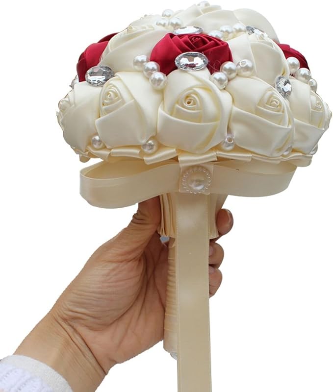 S_SSOY Customizable Romantic Wedding Bouquets Silk Flowers Bridal Holding Roses Bride Bridesmaid Bouquet with Pearl Crystal Ribbon Valentine's Day (Ivory+Wine Red)