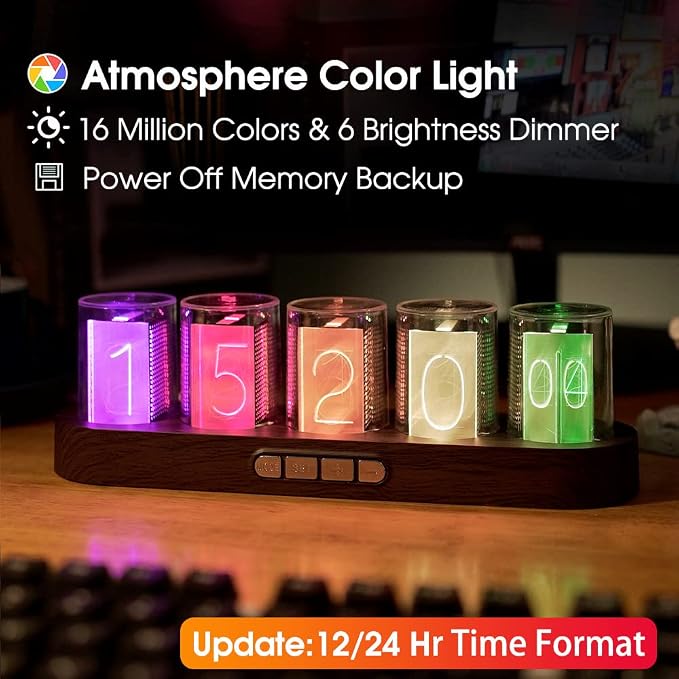 Cadmos Nixie Tube Clock.Glow Tubes Analog Clock.Creative Retro Digital Variable Color.Exquisite Desktop Decoration- Gift Idea-No Assembly Required (Imitation Wood Grain)