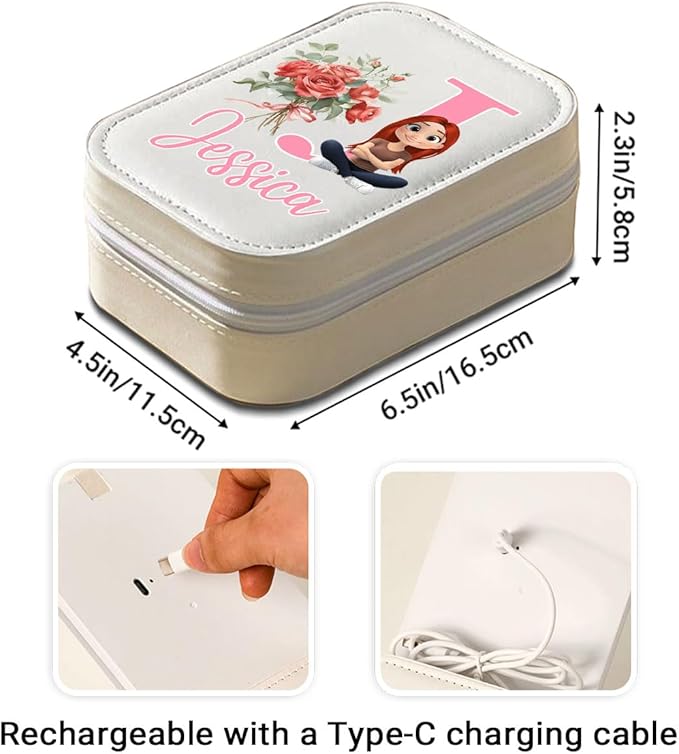 Wrappiness Women & Girls Floral Makeup Box With LED Mirror - Personalized Initial Letter and Birthmonth Flower Travel Comestic Case Gift for Daughters Sisters Friends Coworkers on Birthday Christmas