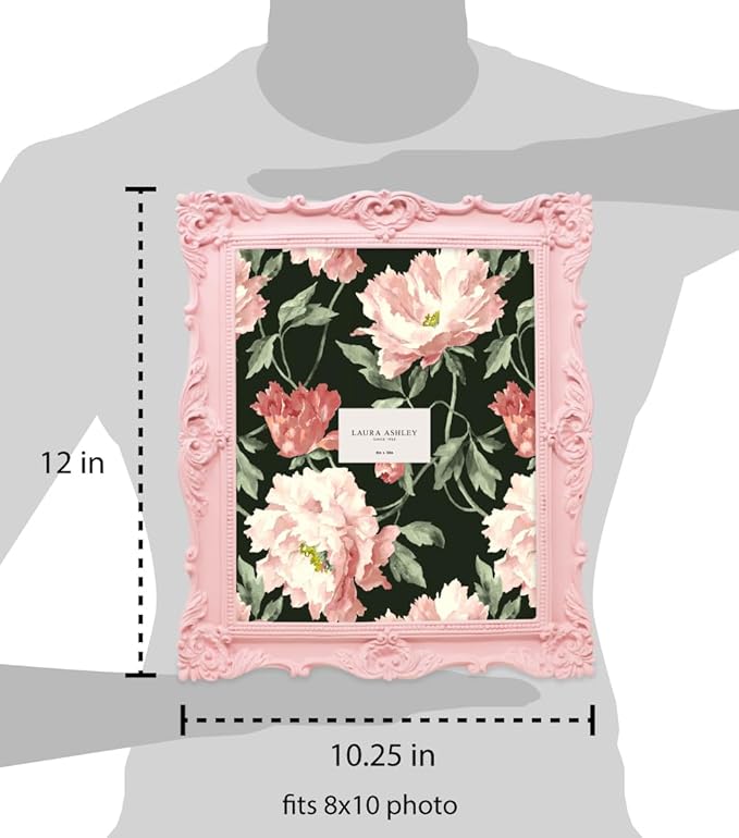 Laura Ashley 8x10 Pink Ornate Textured Hand-Crafted Resin Picture Frame with Easel & Hook for Tabletop & Wall Display, Decorative Floral Design Home Décor, Photo Gallery, Art, More (8x10, Pink)