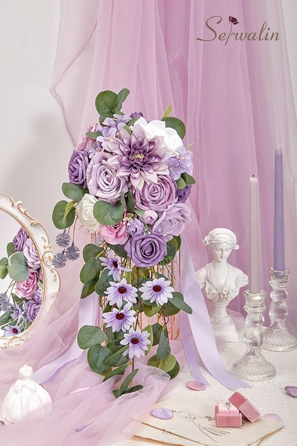 Serwalin 9.8 Inch Wedding Bouquets for Bride Bridesmaid, Purple Dahlia Bridal Bouquets for Bride, Wedding Flowers Bouquet Tossing Bouquet, Wedding Ceremony and Anniversary Decoration