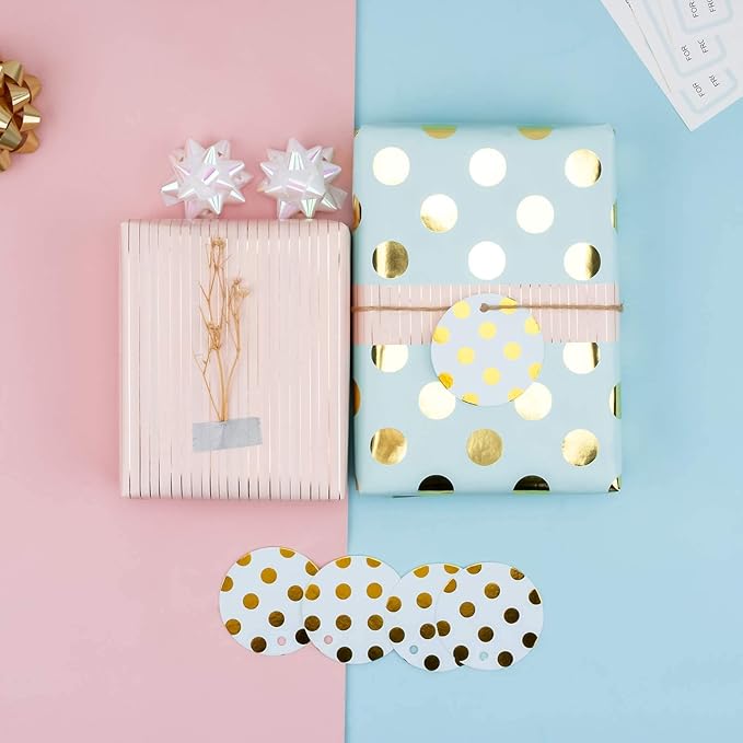 MAYPLUSS Wrapping Paper Set - Mini Roll with Bow & Ribbon & Gift Tags & Stickers - 17 inch X 120 inch Per roll - Pink Gold Stripe, Blue Polka dots and Black Floral Design (42.3 sq.ft.ttl)