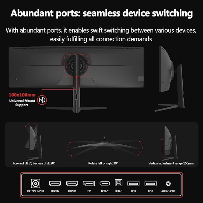 5K Monitor, Z-Edge 49 inch IPS Curved Gaming Monitor, DQHD 5120x1440 Computer Monitor,144Hz, 32:9 Ultrawide, 1ms MPRT, 400 cd/m², 10bit, UG49W HDMI*2, DP*1, USB-C, PIP/PBP, Adjustable Stand