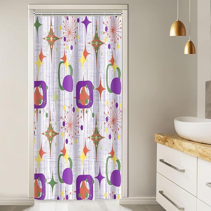 Mid Century Shower Curtain, 36x72inch, Modern Abstract Retro Purple Striped Geometric Shower Curtain Sets 1950s Boho Bathroom Shower Curtain with 6 Hooks