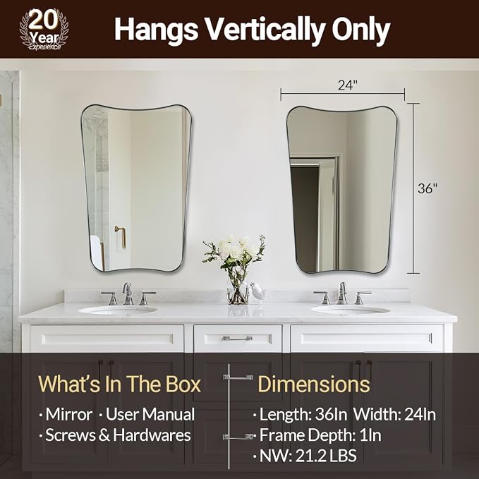ANDY STAR Chrome Bathroom Mirror 24x36, Bathroom Mirror for Over Sink, Polished Chrome Wall Mirror with Unique Curved Design, Rust-Proof Stainless Steel 1’’ Frame