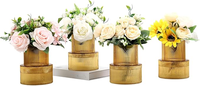 Ribbed Glass Vases, Set of 4 Small Vases for Flowers, Amber Glass Vase for Tulips, Modern Vase for Living Room, Kitchen, Office, Entryway, Bookshelf, Wedding Gifts, Birthday, 6 Inches