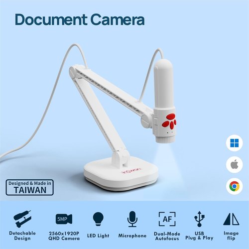 INSWAN INS-3 Document Camera - Detachable Handheld Design, Multi-Angle Flexibility, LED & Auto Focus, White