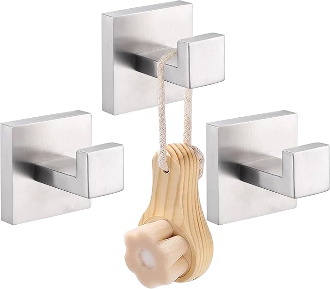 LANC 3-Pack Towel Hooks Bathroom Towel Hooks Heavy Duty Clothes Hook Square Hanger Robe Hook Wall Mounted Contemporary Kitchen Hotel Wall Hooks Brushed Nickel, A8805BN-P3