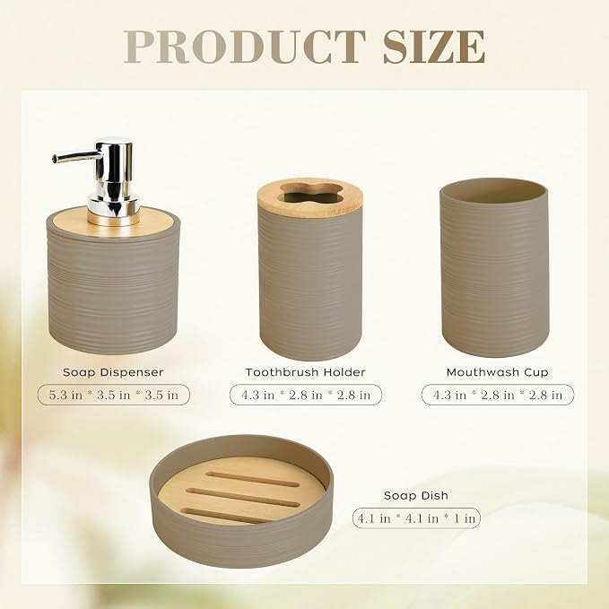 4 PCS Beige Bathroom Accessories Set, Includes a Soap Dispenser, Toothbrush Holder, Soap Dish and Mouthwash Cup, Plastics & Bamboo Bathroom Set, Bohemian Style Bathroom Sink Set