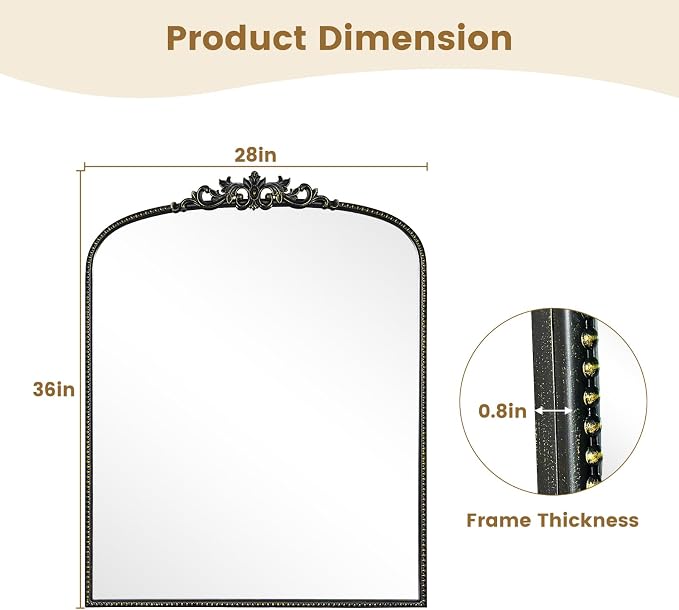WallBeyond Black Vintage Mirror for Vanity 28x36 Inch, Black Antique Mirror with Ornate Frame, Arched Vintage Wall for Bathroom, Living Room, Fireplace, Entryway