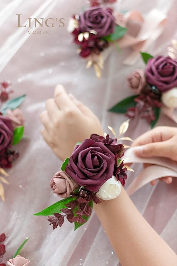 Ling's moment 2pcs Prom Wrist Corsage Artificial Flowers, Girl/Mother Corsages Wristlet Décor for Homecoming/Wedding/Anniversary, etc. Bungundy