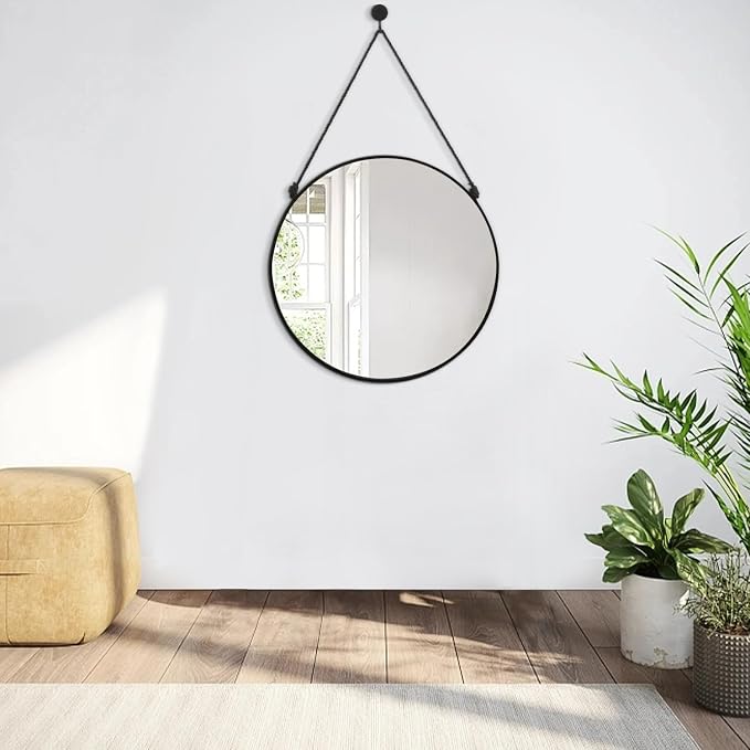 Circle Hanging Wall Mirror - Black Round Mirror, 16 Inch, Modern Home Decor for Bathroom, Living Room, Bedroom, Entryway, Hallway, Washroom, Dorm