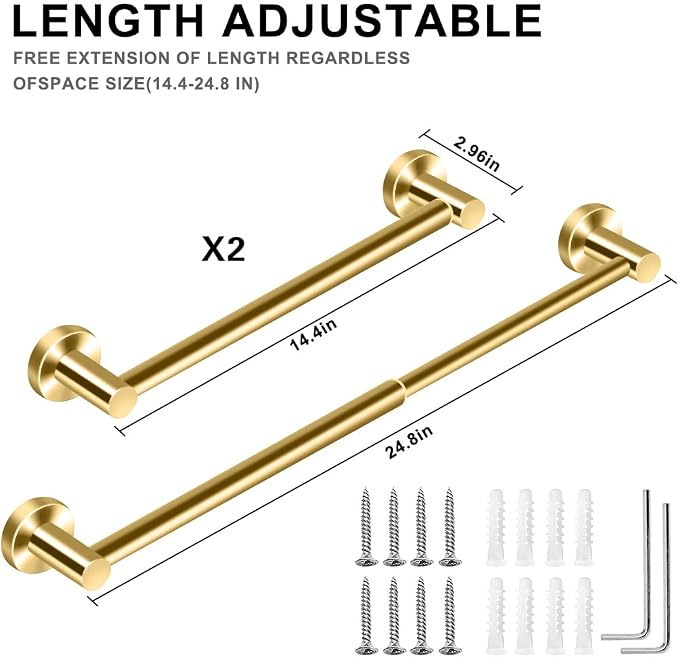 MGahyi Towel Racks for Bathroom-Adjustable Towel Holder(13.18inch-24inch) Sturdy and Rustproof Towel Bar Wall Mounted, Single Towel Bar Rod for Bathroom Accessories (Gold, 2Pcs-Towel Bar)