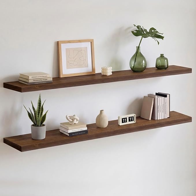 Homeforia Classic Walnut 60 inch Floating Shelf, High End Solid Real Wood Small 60inch Floating Shelves for Wall Mounted, 60in Floating Shelves, Heavy Duty Bracket, 60 X 6.5 X 1.75 inches, Set of 2