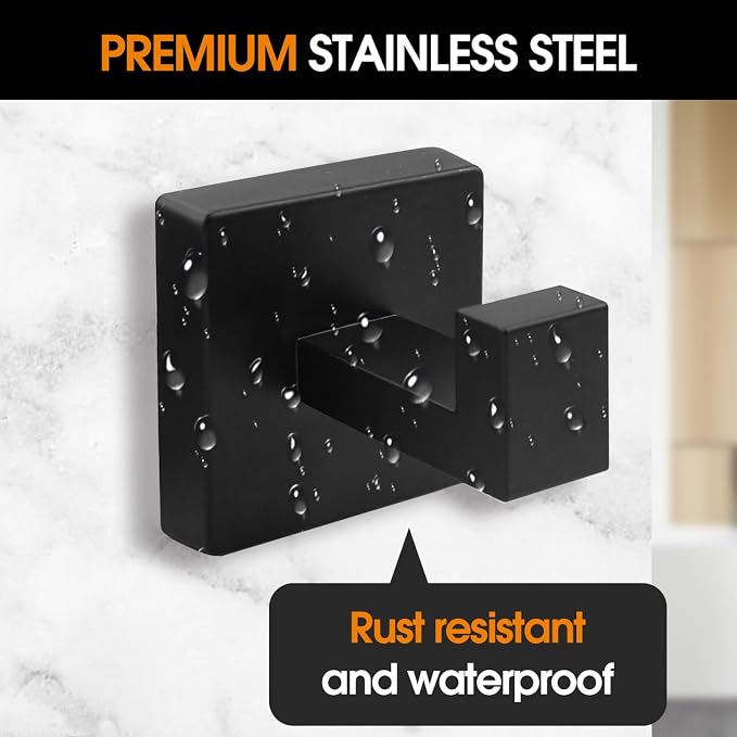 4 Pack Matte Black Towel Hooks for Bathroom, Heavy Duty 33lb Stainless Steel Wall Hooks, Modern Square Robe Hook Screw Mounted for Hanging Coats, Hats, Bags, Rustproof Hardware