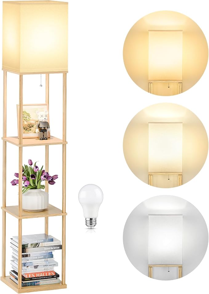 SHINE HAI Floor Lamps with Shelves for Living Room, 3-Tier Square Modern Standing Lamp with 3CCT Bulb, 11W 950LM Brightness, Tall Shelf Lamp for Bedroom, Office, Bookshelf & Display Organizer