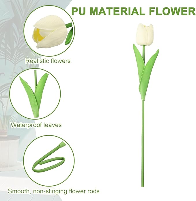 uxcell 20pcs Tulips Artificial Flowers, Faux Flowers Silk Fake Tulip Stems Real Touch for Wedding Bouquet Centerpiece Table Party Decoration(Cream White)