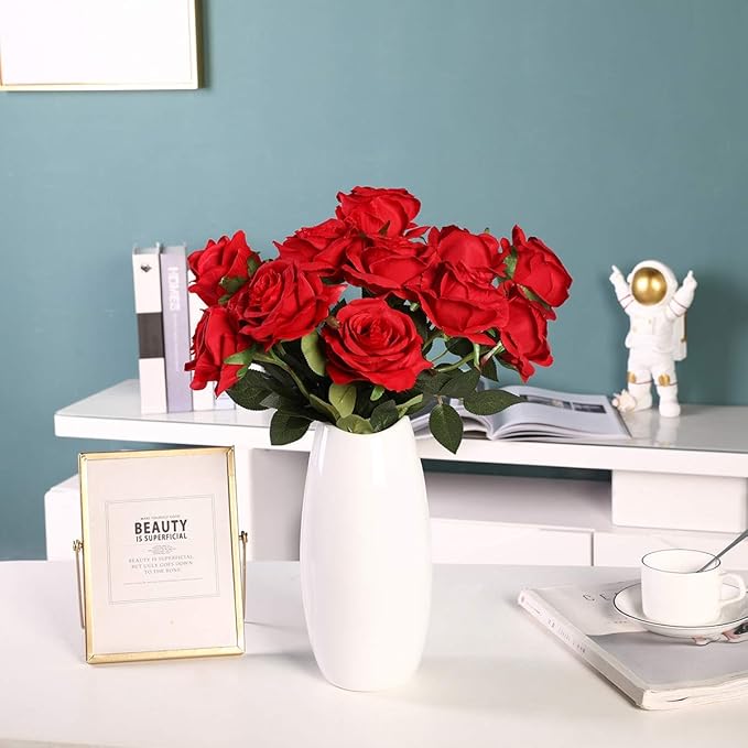 Kisflower 12 Pcs Red Roses Artificial Flowers with Stems Silk Roses Fake Rose Realistic Flower Bouquet for Wedding Party Office Home Decor (Red)