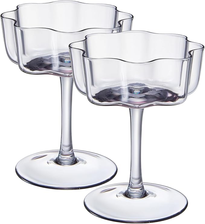 Khen Flower Vintage Wavy Glass Coupes Martini, Champagne & Cocktail Coupes - Set of 2-7oz Colorful Cocktail Glasses & Champagne, Prosecco, Mimosa Glassware Copyright Design - Gray