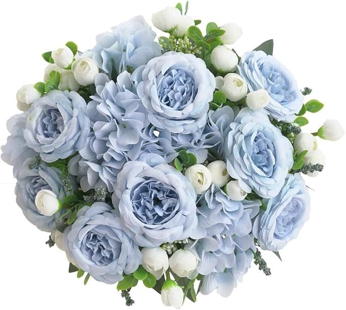 4 Bunches Peonies Artificial Flowers, Silk Peonies Flowers Fake Bouquet Faux Floral Arrangements for Centerpiece Table Wedding Party Home Decor (4, Blue White)