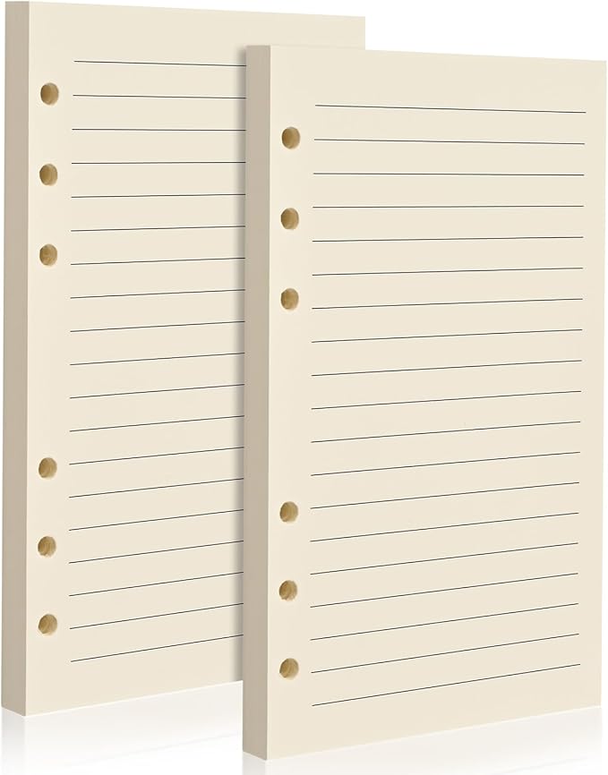 A6 6-Hole Lined Loose-Leaf Filler Paper – 2 Packs (80 Sheets per Pack), 100GSM,Beige Notebook Refill – Fits A6 6-Ring Binders for Office,Journaling,Planning,Notes. Double-sided writing supported