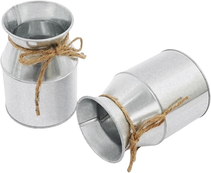 Flower Vase Decor, Farmhouse Metal Galvanized Milk Can Jug Vase with Bow, Flower Buckets for Artificial Flowers for Table Centerpiece Weddings(Silver)