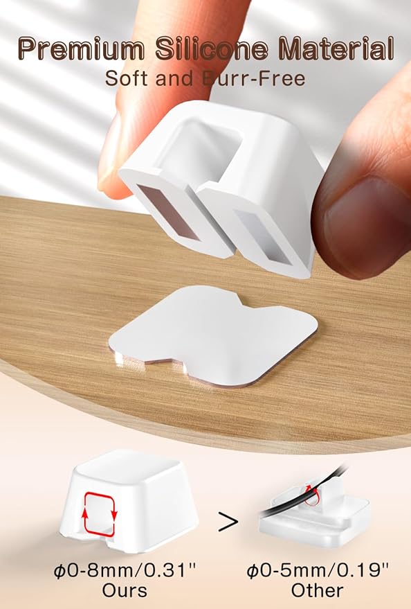 Maveek Magnetic Cable Clips, 5 Pack Square Cord Organizer with Magnets and Metal Plates, Silicone Cable Holders for USB C, HDMI, Ethernet, Charging Cords – Desk, Wall, Office & Car Use (White)