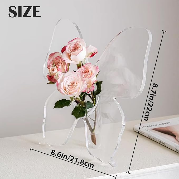 Butterfly Flower Vase - Clear Acrylic Vases for Flowers, Modern Single Rose Vase Home Decor, Unique Decorative Vases for Desktops Bookshelf Bedroom Wedding Housewarming Gifts