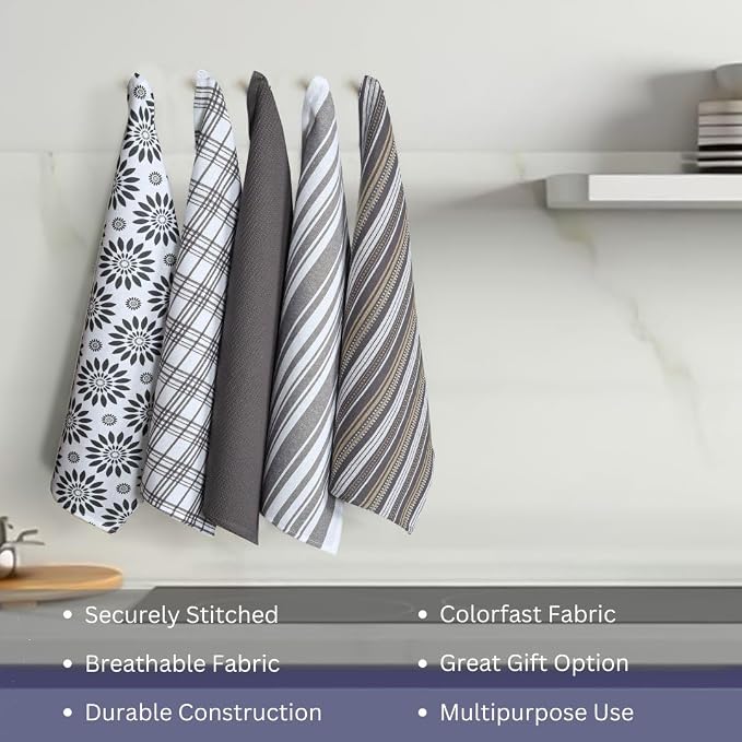 Assorted Kitchen Towels Set of 5-100% Cotton Dish Cloths Towels with Hanging Loop - Soft, Absorbent & Washable for Kitchen Use - Quick Drying Dish Towels 16x26 Inch Grey