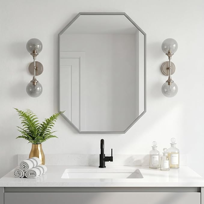 20"x28" Octagon Metal Mirror, Farmhouse Silver Bathroom Mirror, Rectangle Wall Mounted Vanity Mirror Hanging for Bedroom Entryway Living Room Farmhouse Horizontal/Vertical