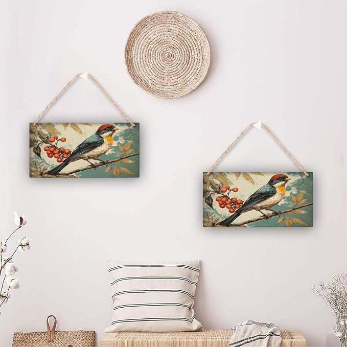 Vintage Bird Themed Wood Plaque Wooden Wall Decor 12x6 Inch Farmhouse Home Decor Entryway Kitchen Bedroom Nursery Art for Nature Lovers Rustic Hanging Decors