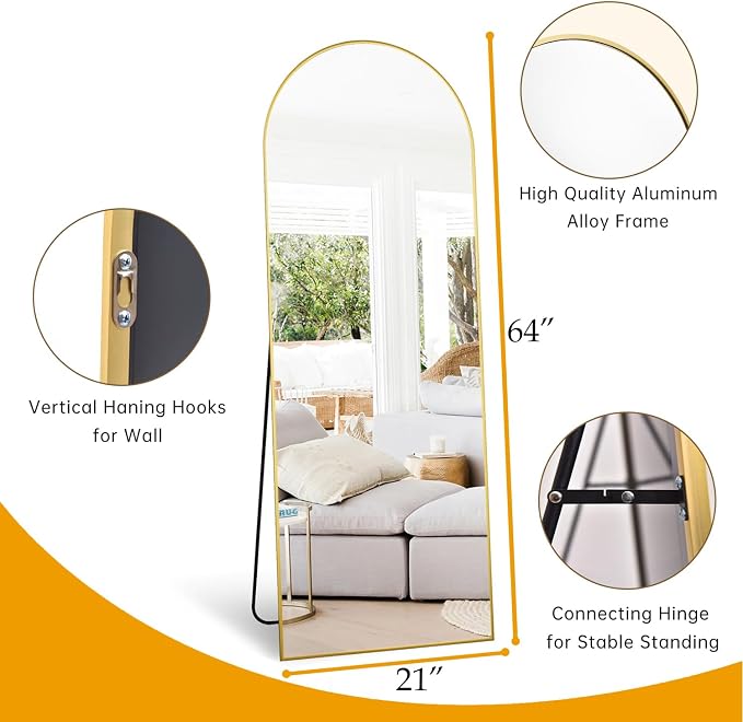 Dewfig Arched Full Length Mirror, 64"X21" Large Floor Mirror, Full Body Mirrors for Leaning or Hanging, Standing Mirrors for Bedroom, Living Room,Dressing Room, Aluminum Alloy Frame, Gold