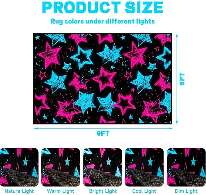 6'x9' Neon Star Area Rug Black Pink and Blue Floor Mat Abstract Star Print Rugs Washable Non-Slip Carpet for Bedroom Living Room Nursery Kitchen Playroom Home Decor