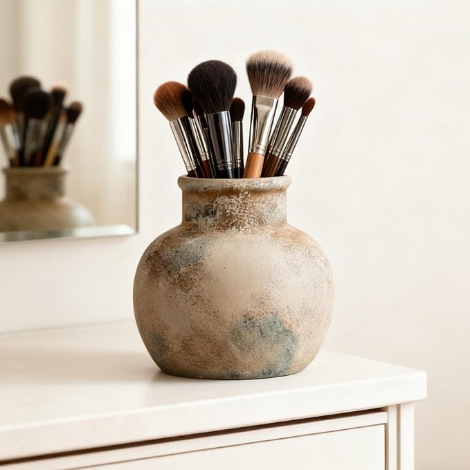 Vintage Ceramic Vases, Distressed Black and Beige, Rustic Farmhouse Decor, Handmade Textured Design for Living Room, Mantel, Coffee Table,Fireplace,Kitchen