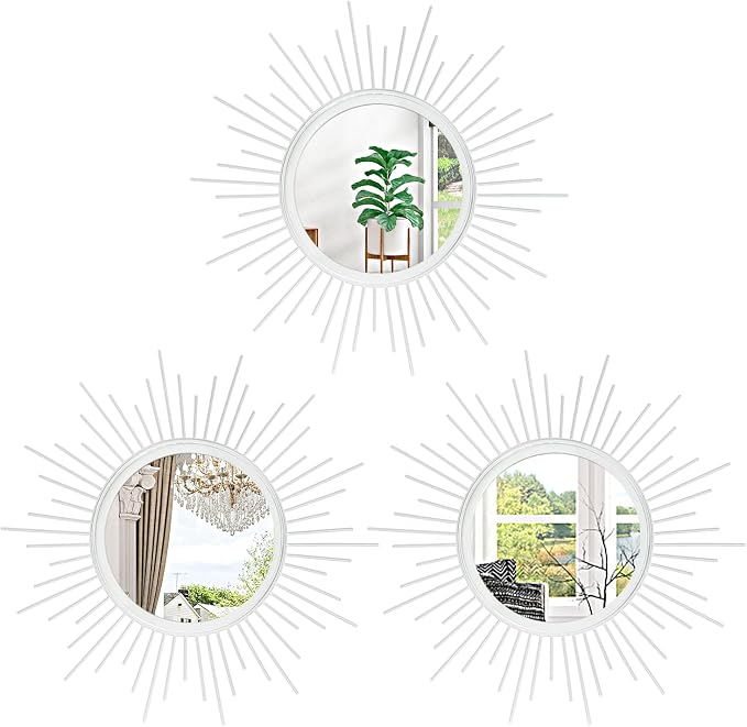 Mirror Wall Decor White Mirrors for Wall Metal Sunburst Mirrors Home Decoration Wall Art Decorative Mirror Suitable for Living Room Bedroom Bathroom Entrance Set of 3 12''