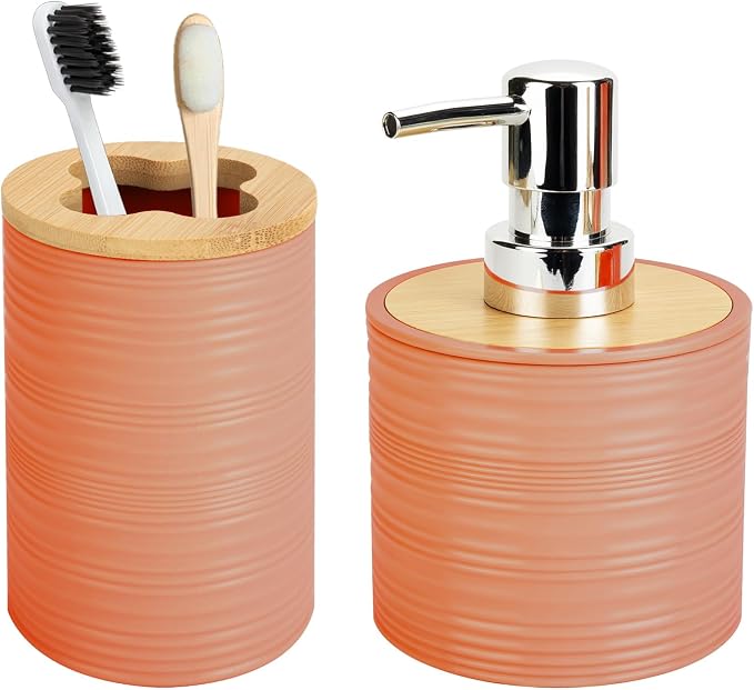 2 PCS Orange Bathroom Accessories Set, Soap Dispenser and Toothbrush Holder Set, Plastics & Bamboo Bathroom Set, Bohemian Style Bathroom Sink Set