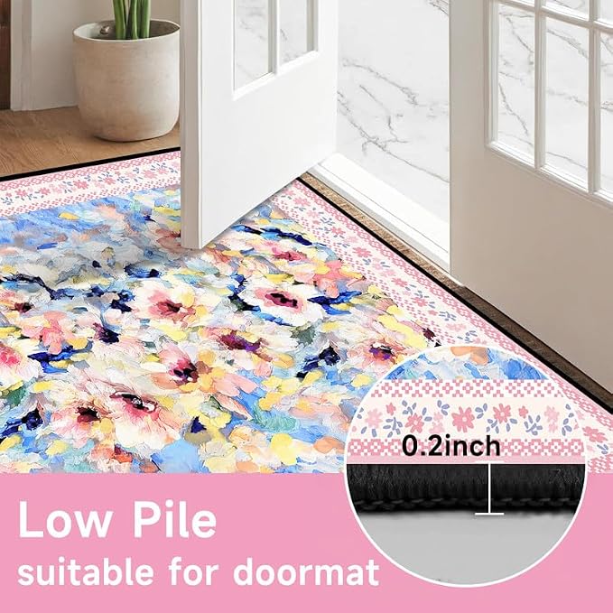 Floral Oil Painting Area Rug Watercolor Flower Print Rugs for Entryway Bedroom Living Room Nursery Kitchen Playroom Home Decor Washable Low Pile Floor Mat Carpet,4'x6'