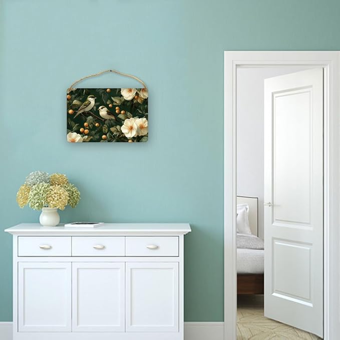 Vintage Bird & Floral Wooden Sign 12x8 Inch, Nostalgic Decor for Retro Lounges, Ideal Present for Antique Collectors & Nature Illustration Fans