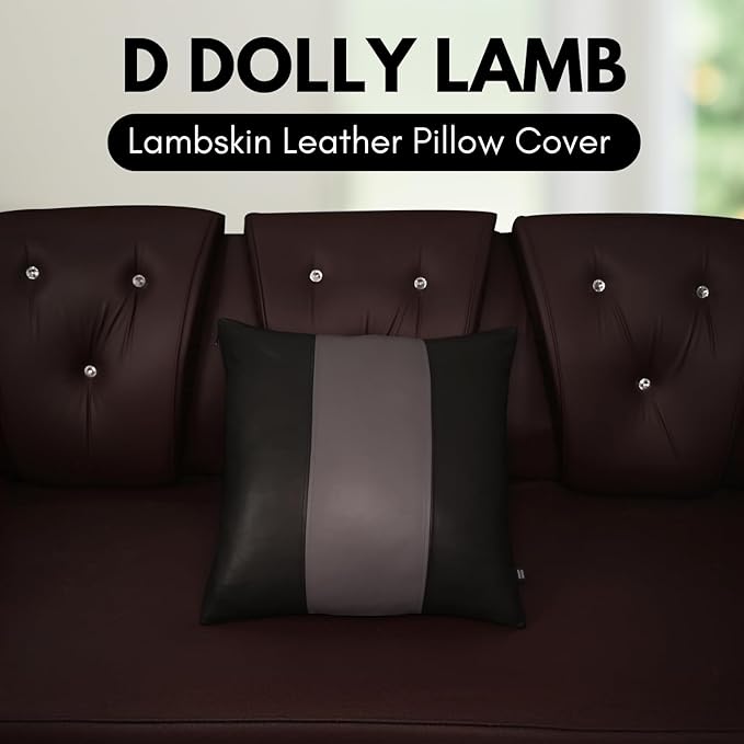 D DOLLY LAMB Lambskin Leather Pillow Cover - Sofa Cushion Case - Decorative Throw Covers for Living Room & Bedroom, 14x14 Inches - Black & Grey Plain