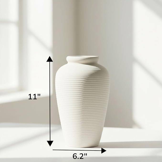 Ceramic Flower Vase,11 Inch Tall Modern Rustic Farmhouse Vases Home Decor,Handmade Pottery Vase Decorations for Living Room,Large Terracotta Floral Vases for Bedroom Table Fireplace Kitchen-White