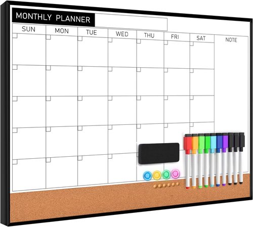 Regine Switzerland Dry Erase Calendar Cork Board Combo - 18x24 Inches Magnetic Whiteboard for Home & Office