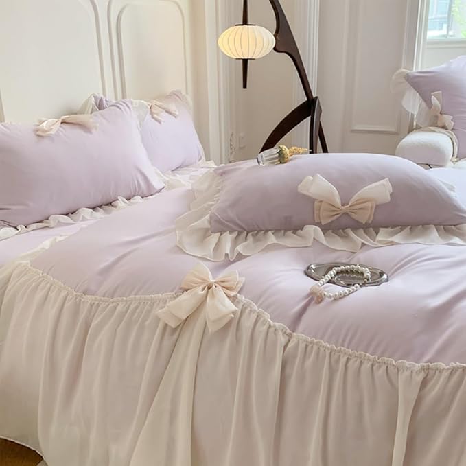 Chic Lace Bedding,Girls Twin Aesthetic Comforter Cover Set,Romantic French Princess Style Ruffled Duvet Cover with Lovely Bow with Zipper Closure-Purple,Twin
