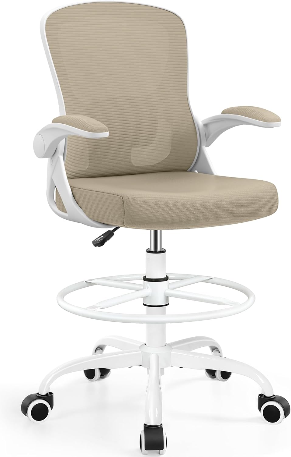 Skiennix Drafting Chair - Ergonomic Tall Office Stool with Lumbar Support & Flip-Up Arms | Khaki