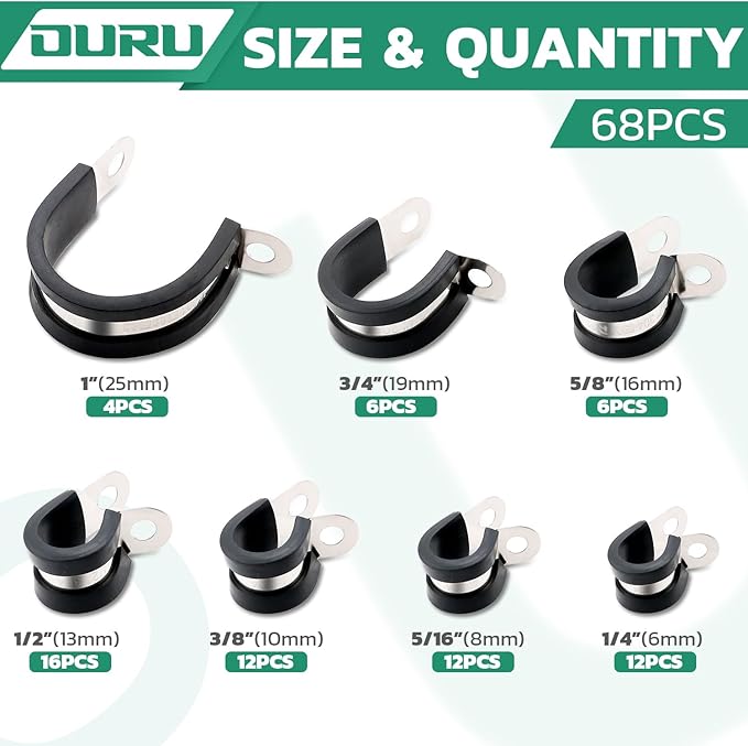 OURU 68PCS Cable Clamps Assortment Kit,7 Sizes Stainless Steel Rubber Coated Cushioned Insulated Cable Clamps-Metal Wire Clamps,Pipe Clamps for Tube,Lines