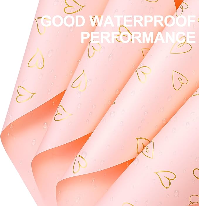 WRAPAHOLIC 20 Sheets Flower Wrapping Paper - 22.8 x 22.8 inch Gold and Pink Love Design Water-Resistant Floral Bouquet Wrapping Paper, Florist Supplies Packaging for Wedding Birthday Gift DIY